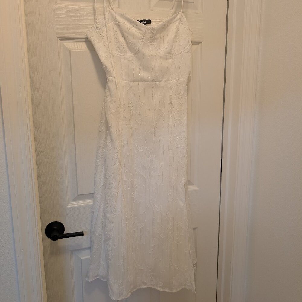 Loveliest Looks White Floral Jacquard Tie-Strap Midi Dress